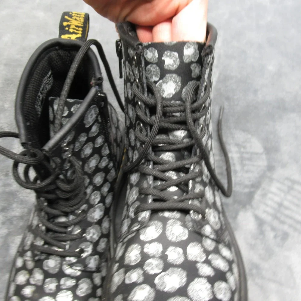 Dr. Martens Boots Youth 2 Silver Metallic Leopard Print Leather Side Zip Lace-Up